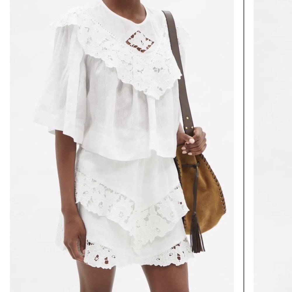 Isabel Marant Étoile Ezalio Floral Embroidered Yoke Linen White Blouse 36/S